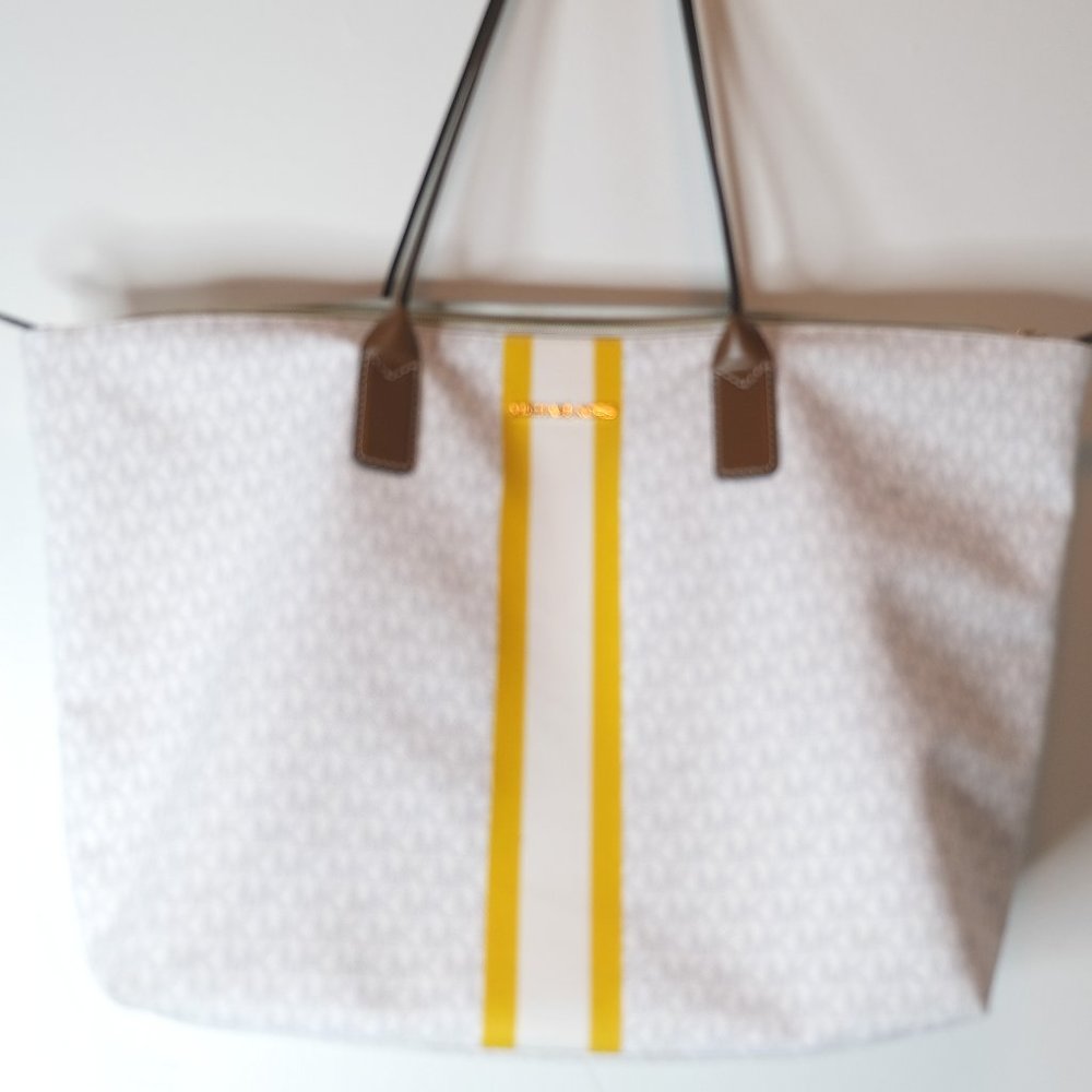 Michael Kors Large Logo Stripe Xl Travel Tote Bag Bright White Mk Citrus Yellow